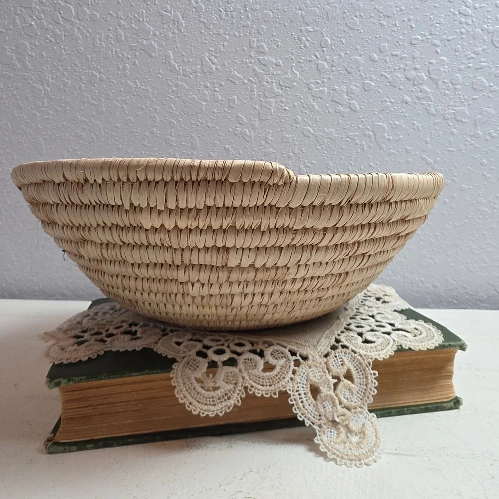 Handcrafted Coil Woven Basket Bowl‎ Southwestern Teal Magenta Geometric Tan